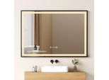 Emke Specchio Da Bagno A Led Con Illuminazione, 100X70 Cm, Specchio Da Bagno Oscurabile Con Orologio E Funzione Antiappannamento, Cornice Nera