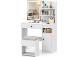 Tavolino Da Toilette Costway Con Specchio E Illuminazione A 3 Modalità, Tavolino Da Toilette Con Sgabello Imbottito, Prese Di Corrente, Ripiano E Armadietto, Tavolino Per Cosmetici 90X40X135,5 Cm