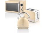 Swan STRP2070CNEU Set Da Colazione Retrò, Bollitore 1,8 L, 2 Tostapane A Fessura Larga, Microonde 20 L Crema