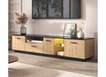 Mobile Tv Basso Fortuna Lai (Illuminazione A Led E Design Bicolore), Con 3 Ante, Cassetti E 2 Vani A Giorno, Larghezza 180 Cm