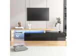 Mobile Tv Moderno Di Design Fortuna Lai: Eleganza Elegante, Pratico Spazio Di Archiviazione, Bianco Lucido, Aspetto Legno, Ripiani In Vetro, Illuminazione Led, 198X39X42Cm