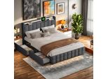 Letto Imbottito Led, Con Funzione Di Ricarica Usb Testata E 4 Cassetti, Letto Matrimoniale 160X200Cm Letto Contenitore Struttura Letto, Rete A Doghe In Legno, Grigio