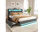 Letto Imbottito 140X200Cm Con Usb, Letto Per Ragazzi Letto Matrimoniale Con Rete A Doghe E 4 Cassetti, Letto Contenitore Con Led, Lino, Grigio