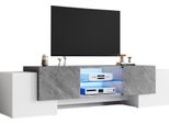 Mobile Tv Con Illuminazione Led - Porta Tv A 4 Ante Con Ripiani In Vetro - Bianco E Grigio