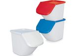 3x 40 Liter Zutatenbehälter mit Entnahmeklappe, stapelbar, Korpus weiß, Deckel blau/rot/weiß