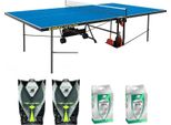 Tischtennisplatte Outdoor blau + Netz + Tischtennisschläger + Tischtennisbälle