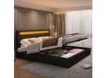 Letto Imbottito Flieks Con Contenitore E Rete A Doghe, Letto A Molle 180X200Cm Matrimoniale Con Led, Letto Contenitore, Letto Funzionale, Nero