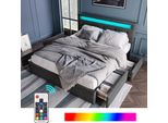 Letto Imbottito Flieks 140X200Cm Con Led E Testata Regolabile In Altezza, Letto Matrimoniale Con Rete A Doghe E 4 Cassetti, Letto Contenitore Per Biancheria, Grigio