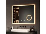 Specchio Da Bagno Emke Specchio Da Bagno A Led Da Parete 80X60Cm Con Interruttore A Sfioramento Ingrandimento Specchio Per Il Trucco 3 Colori Di Luce E Orologio Antiappannamento