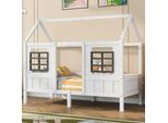 Letto Per Bambini Merax 90X200Cm Con Protezione Anticaduta, Letto Da Giorno Con Rete A Doghe E 2 Finestre, Letto Da Pavimento In Legno Massiccio Letto Singolo Per Bambini E Bambine, Bianco