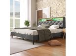 Letto Imbottito Sweiko 140X200Cm Con Testata Contenitore E Illuminazione Led Struttura A Doghe In Legno Massiccio Grigio Lino (Senza Materasso)