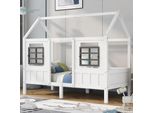 Letto Per Bambini Flieks 90X200Cm Con Protezione Anticaduta, Letto Singolo Con Rete A Doghe E 2 Finestre, Letto In Legno Massiccio Da Pavimento Letto Per Bambini E Bambine, Bianco