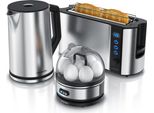 Arendo Frühstücks-Set, 1,5L Wasserkocher, 2-Scheiben Langschlitz Toaster, 7er Eierkocher, Silber