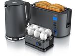 Arendo 3-teiliges Frühstücksset, Wasserkocher ELEGANT 1,5l, 4-Scheiben Toaster, 6er Eierkocher, Grau