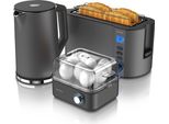 Arendo Frühstücks-Set 3-teilig, 4-Scheiben Langschlitztoaster, 8er Eierkocher, 1,5L Wasserkocher, Grau