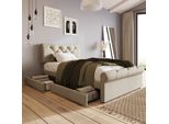 Letto Imbottito Merax 90X200Cm Con Cassetti E Testata Regolabile In Altezza, Letto Singolo Funzionale Struttura Del Letto In Legno Massiccio, Natura