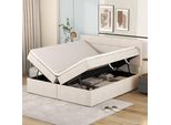 Letto Imbottito Flieks Letto Matrimoniale 140X200Cm Letto Contenitore Con Rete A Doghe, Letto Giovanile Letto A Molle Con Contenitore Letto, Beige