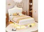 Letto Imbottito Flieks 90X200Cm Con Rete A Doghe, Letto Per Ragazzi Con Led, Letto Singolo Con Cornice, Letto Classico In Legno, Pu, Bianco