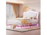 Letto Imbottito Merax 140X200Cm Con Led, Letto Per Ragazzi Con Testata Regolabile In Altezza E Rete A Doghe, Letto Matrimoniale In Pelle Finta Con Testata A Forma Di , Bianco