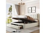 Letto Imbottito Flieks 140X200Cm, Letto Matrimoniale Con Cassetto, Letto A Molle Idrauliche Con Rete A Doghe, Letto Contenitore Letto In Legno Massiccio Velluto, Beige