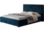 Letto Imbottito MáLaga Con Testiera, 140X200 Cm, Letto Matrimoniale Con Rete E Doghe In Legno, Tessuto Velour Blu Scuro
