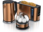 Arendo - Wasserkocher mit Toaster und Eierkocher SET Edelstahl Kupfer Wasserkocher 1,5L 40° - 100°C, Toaster 2 Scheiben LED-Display 6 Bräunungsgrade Eierkocher 1-7 Eier Messbecher BPA frei