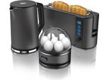 Arendo - Wasserkocher mit Toaster und Eierkocher SET Edelstahl Grau Wasserkocher 1,5L 40° - 100°C, Toaster 2 Scheiben LED-Display 6 Bräunungsgrade Eierkocher 1-7 Eier Messbecher BPA frei