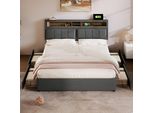 Letto Imbottito Flieks 140X200Cm Con Usb E Prese, Letto Per Ragazzi Letto Matrimoniale Con 4 Cassetti, Letto Contenitore Letto In Legno Massiccio Con Rete A Doghe, Lino, Grigio