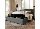 Letto Imbottito Merax 180X200Cm Con Rete Senza Piastra, Letto Matrimoniale Idraulico Con Rete A Doghe, Letto Da Camera Funzionale In Lino, Grigio