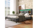 Letto Imbottito Merax 160X200 Cm Letto Matrimoniale Con Rete A Doghe, Illuminazione Usb E Led, Vani E Prese Di Corrente, Letto Contenitore, Letto Funzionale In Lino, Grigio