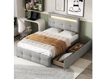 Letto Imbottito Merax 90X200Cm Con Led, Cassetti E Testata Regolabile In Altezza, Letto Singolo Funzionale Con Rete A Doghe E Rivestimento In Lino Grigio