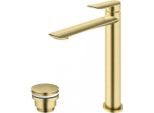 Miscelatore Lavabo Con Bocca Alta E Piletta Di Scarico (Tappo) Oro Spazzolato