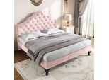Letto Imbottito Merax 140X200Cm Con Testata Regolabile In Altezza E Rete A Doghe, Letto Matrimoniale In Velluto E Legno Massiccio, Rosa