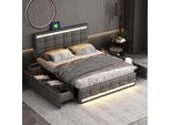 Letto Imbottito Flieks 140X200Cm, Letto Matrimoniale Con 2 Usb E 4 Cassetti, Letto Contenitore Letto Giovanile Con Rete A Doghe E Led, Letto Funzionale Letto In Legno Massiccio, Biancheria, Grigio