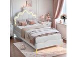 Letto Imbottito Fortuna Lai 90X200Cm, Letto Matrimoniale Letto Per Bambini Con Testata A Forma Di Corona, Letto Per Ragazzi Letto In Legno Con Rete A Doghe, Pu, Bianco