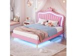 Letto Imbottito Merax 140X200Cm Con Led, Letto Per Ragazzi Con Testata Regolabile In Altezza E Rete A Doghe, Letto Matrimoniale In Pelle Finta Con Testata A Forma Di , Rosa