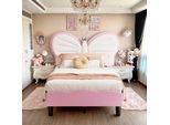 Letto Imbottito Fortuna Lai 90X200Cm, Letto Singolo Per Bambini Con Luce Di Lettura E Testata Regolabile, Letto Per Ragazzi In Legno Con Rete A Doghe, Velluto, Rosa