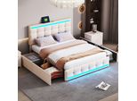 Letto Imbottito Flieks 140X200Cm, Letto Matrimoniale Con 2 Usb E 4 Cassetti, Letto Contenitore Letto Giovanile Con Rete A Doghe E Led, Letto Funzionale Letto In Legno Massiccio, Biancheria, Beige