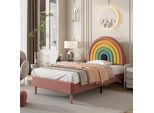 Letto Imbottito Merax 90X200Cm Con Rete A Doghe E Testata Regolabile In Altezza A Forma Di Arcobaleno, Letto Singolo In Velluto Letto Per Bambini Letto Per Ragazzi Letto In Legno, Rosa