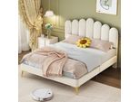 Letto Imbottito Merax 140X200Cm Con Testata A Forma Di Dita E Rete A Doghe, Letto Matrimoniale Con Testata Regolabile In Altezza E Rivestimento In Velluto In Beige