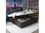 Letto Imbottito Flieks 140X200Cm Con Led, Letto A Molle Con Rete A Doghe, Letto Contenitore Letto Matrimoniale Letto In Legno Massiccio, Pu, Nero
