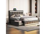 Letto Imbottito Merax 140X200Cm Con Testata Regolabile In Altezza, Led, Prese Usb E 4 Cassetti, Letto Funzionale Matrimoniale In Lino