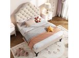 Letto Imbottito Flieks Letto Singolo 90X200Cm Letto Per Ragazzi Con Rete A Doghe E Testata A Conchiglia, Letto In Legno Massiccio Letto Per Bambini Velluto, Beige