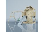 OutdoorToys Spielturm mit Spielhaus inkl. Wellenrutsche und 2x Kinder-Schaukel, Outdoor Klettergerüst Garten, Ausführung: Babyschaukel, Farbe: Eisblau, mit Babyschaukel