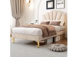 Letto Imbottito Flieks 90X200Cm Con Rete A Doghe, Letto Per Ragazzi Letto Per Bambini Con Testiera A Conchiglia, Letto Singolo Letto In Legno Massiccio Letto Classico, Velluto, Beige