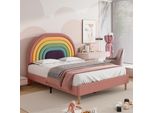 Letto Giovanile Flieks 140X200Cm Imbottito Con Rete A Doghe, Letto In Legno Massiccio Letto Matrimoniale Con Testiera A Forma Di Arcobaleno, Letto Per Bambini In Velluto, Rosa