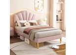 Letto Imbottito Flieks 90X200Cm Con Rete A Doghe, Letto Per Ragazzi Letto Per Bambini Con Testata A Conchiglia, Letto Singolo Letto In Legno Massiccio Letto Classico, Velluto, Rosa
