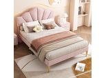 Letto Imbottito Flieks 140X200Cm Con Rete A Doghe, Letto Per Ragazzi Letto Per Bambini Con Testata A Conchiglia, Letto Matrimoniale Letto In Legno Massiccio Letto Classico, Velluto, Rosa
