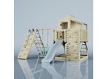 OutdoorToys Outdoor Spielturm mit Wellenrutsche, Spielhaus aus Holz mit Kinderschaukel, Kletterwand, Kletternetz, Ausführung: Babyschaukel, Farbe: Eisblau, mit Babyschaukel