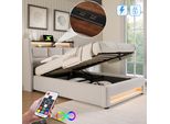 Letto Imbottito Flieks 90X200Cm Con Usb, Letto Per Ragazzi Letto Singolo Con Rete A Doghe E Contenitore, Letto Contenitore Con Led, Lino, Beige